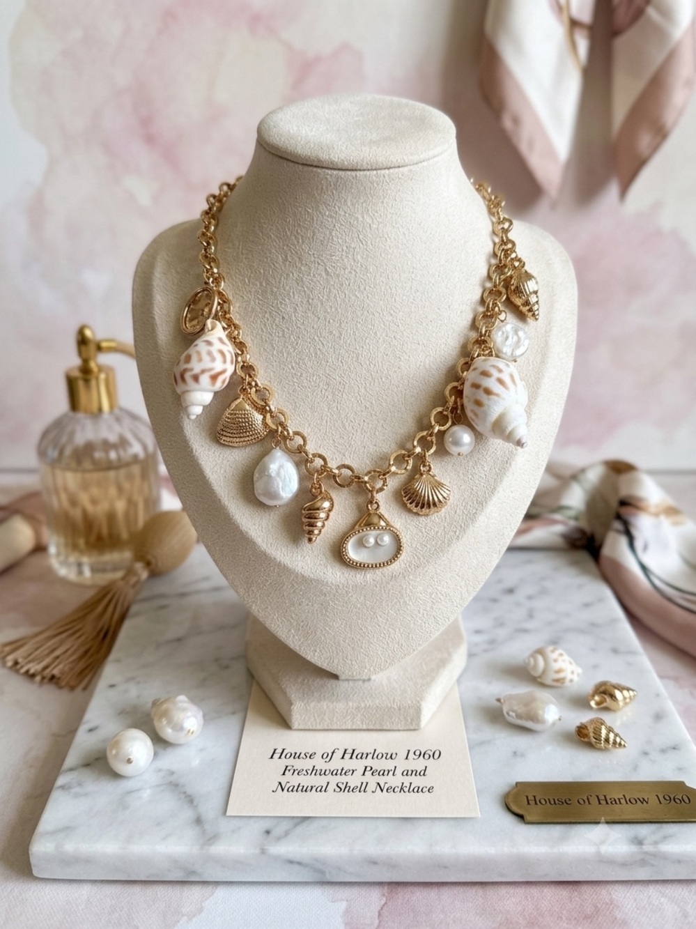House of Harlow 1960 Gold Freshwater Pearl & Natural Shell Charm Necklace NIB